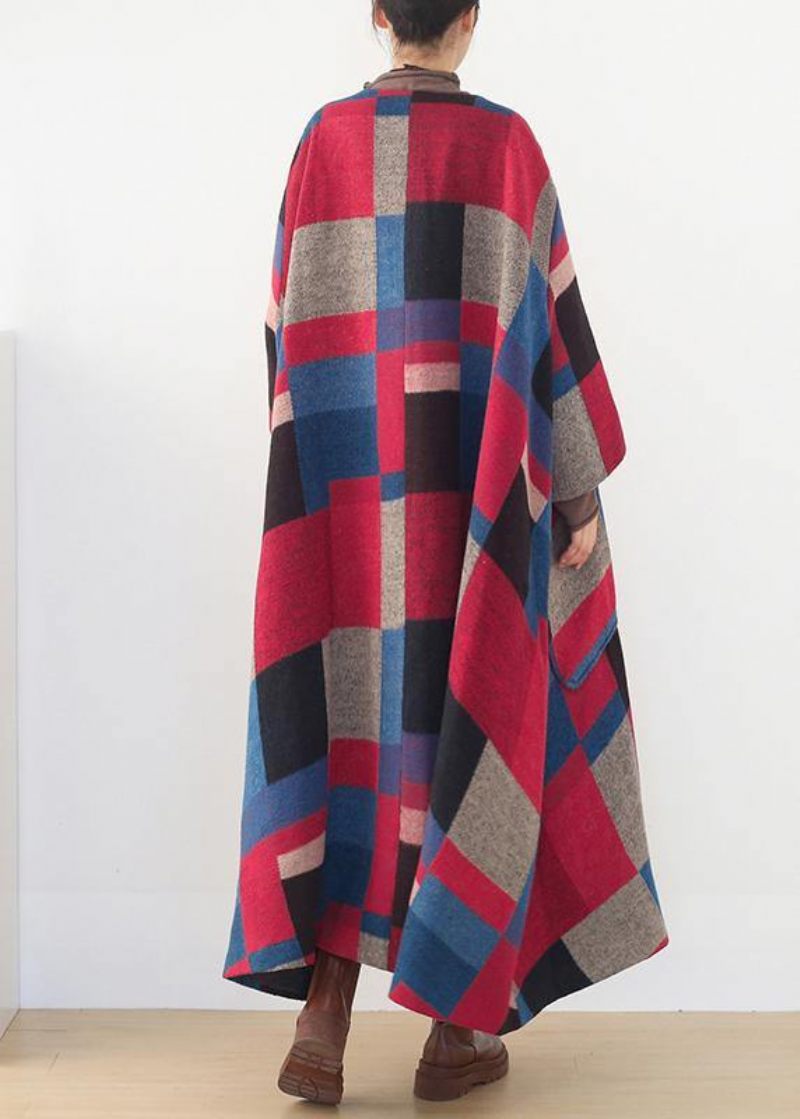 Oversized Maxi Frakke Vinter Kashmir Coated Plaid Mode Ulden Outwear - Rød