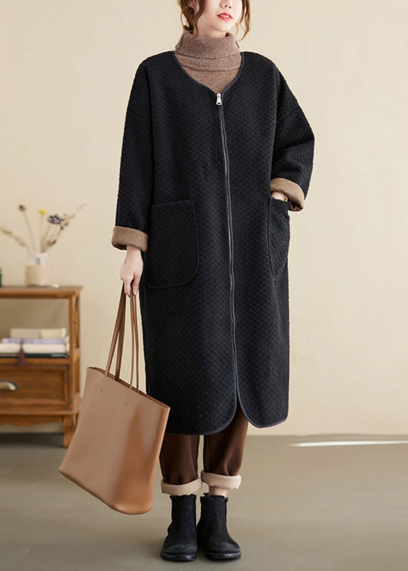 Oversized Sorte Lynlåslommer Patchwork Bomuld Trench Vinter