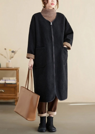 Oversized Sorte Lynlåslommer Patchwork Bomuld Trench Vinter