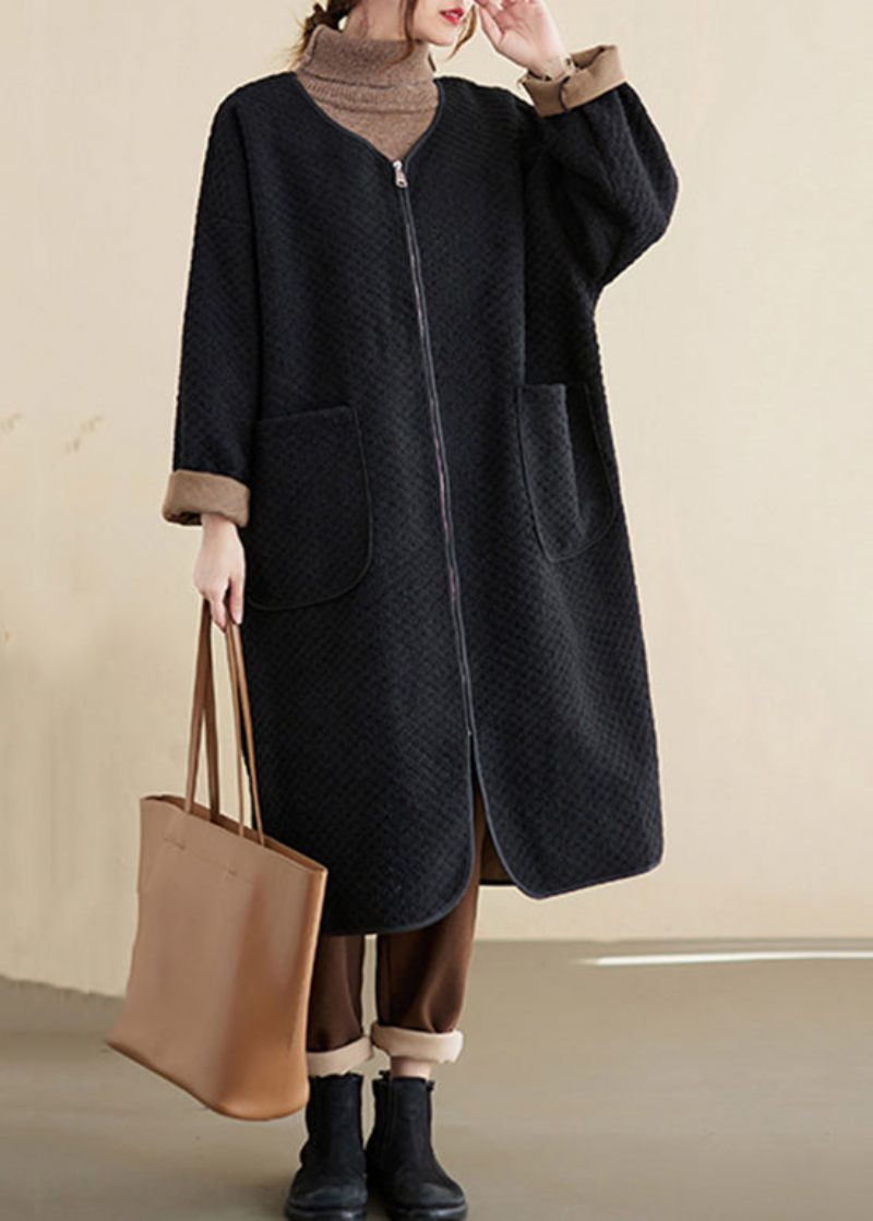 Oversized Sorte Lynlåslommer Patchwork Bomuld Trench Vinter - Dame trenchcoats