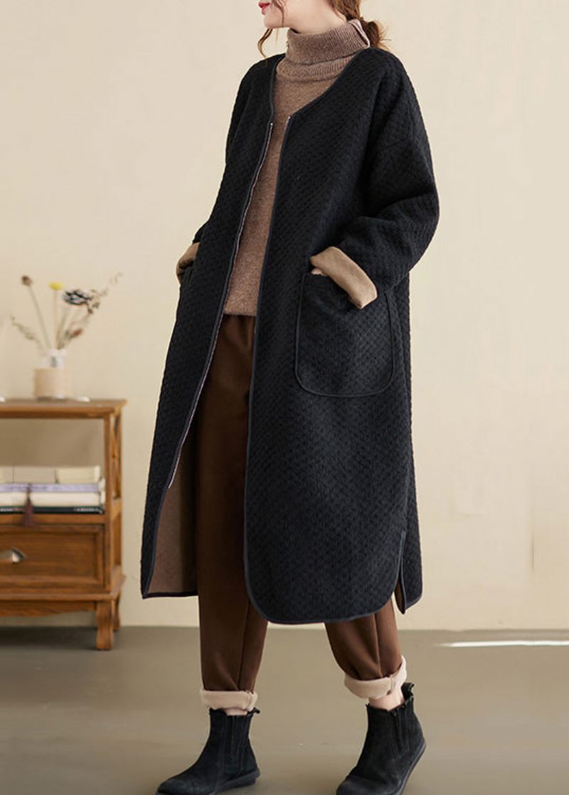 Oversized Sorte Lynlåslommer Patchwork Bomuld Trench Vinter - Dame trenchcoats