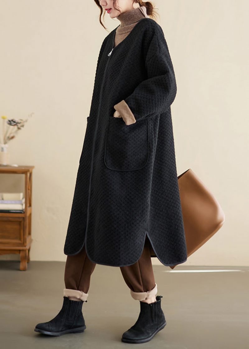 Oversized Sorte Lynlåslommer Patchwork Bomuld Trench Vinter - Dame trenchcoats