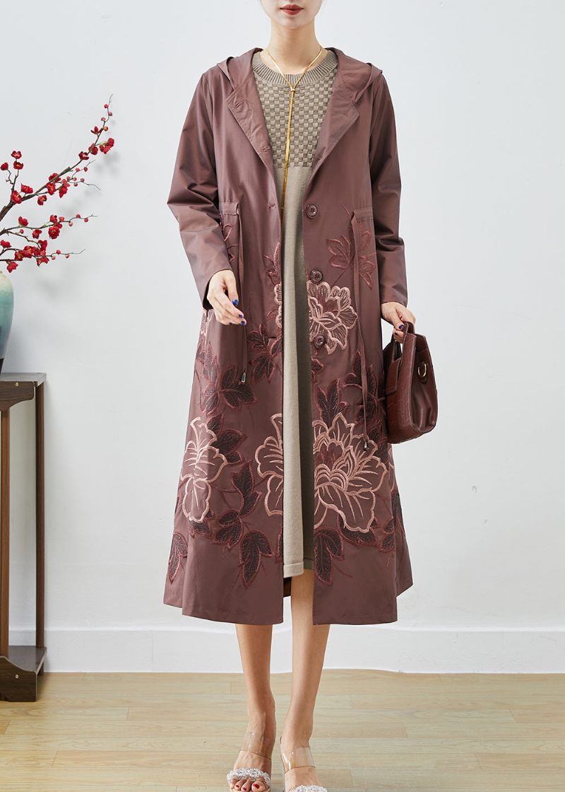 Pale Mauve Spandex Trench Coat Broderet Tie Talje Fall - Dame trenchcoats