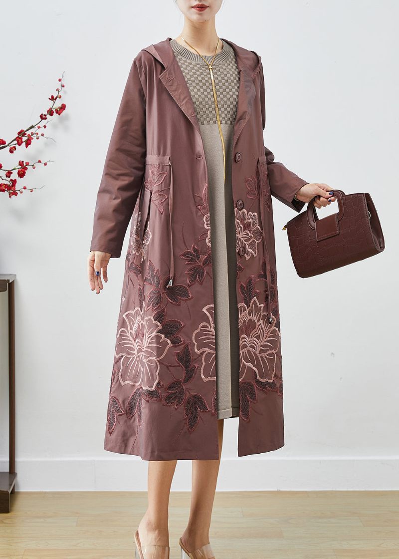 Pale Mauve Spandex Trench Coat Broderet Tie Talje Fall - Dame trenchcoats