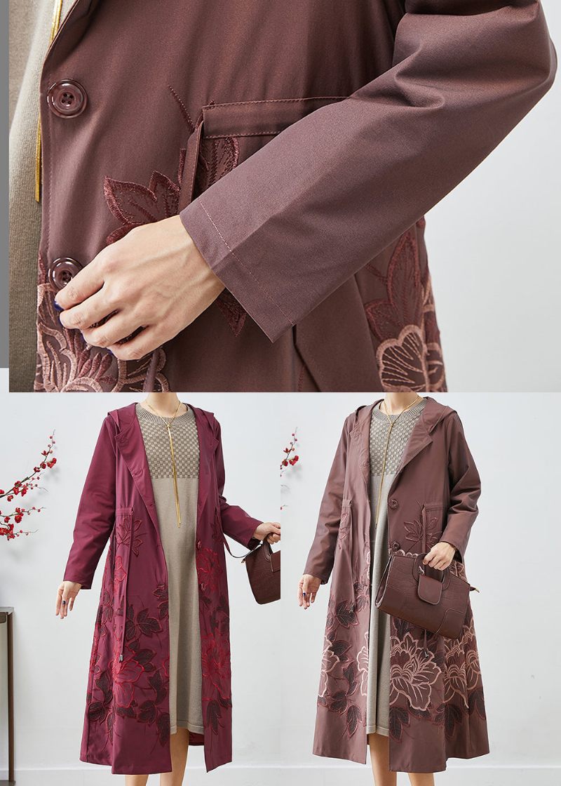 Pale Mauve Spandex Trench Coat Broderet Tie Talje Fall - Dame trenchcoats