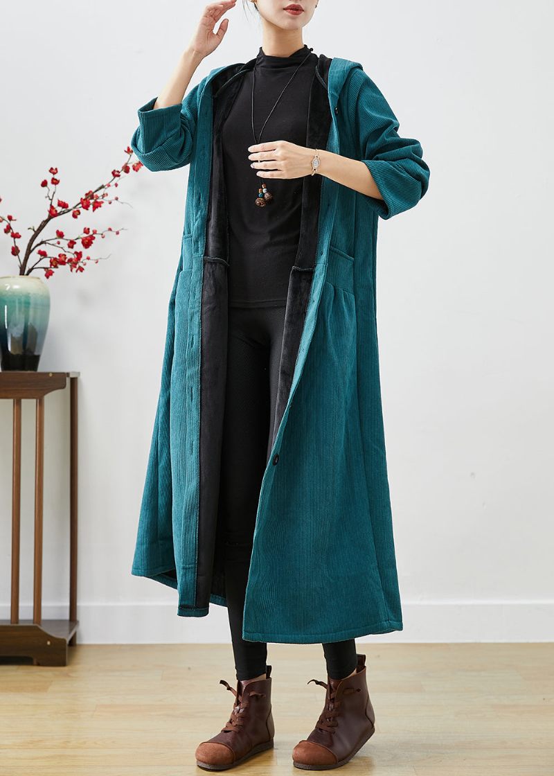 Peacock Green Oversized Warm Fleece Corduroy Trench Hooded Winter - Dame trenchcoats