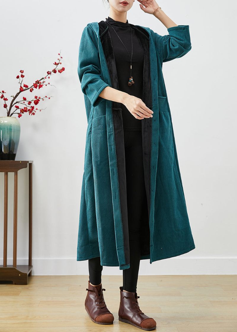 Peacock Green Oversized Warm Fleece Corduroy Trench Hooded Winter - Dame trenchcoats