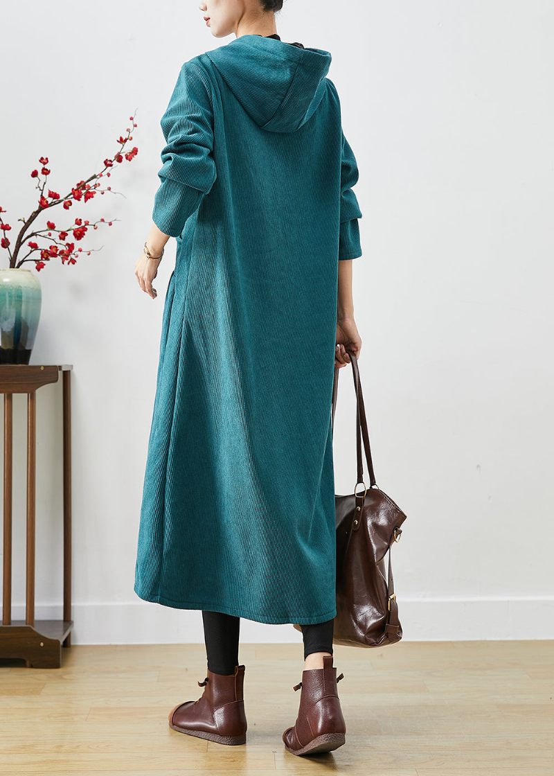 Peacock Green Oversized Warm Fleece Corduroy Trench Hooded Winter - Dame trenchcoats