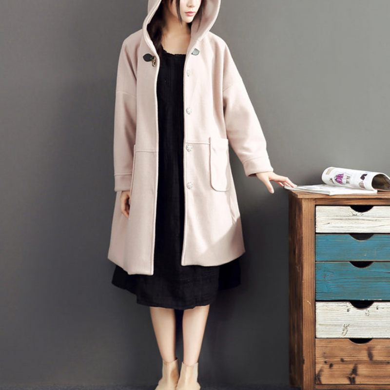 Pink Afslappet Langærmet Lang Outwear Baggy Løs Hætte Solid Trenchcoats