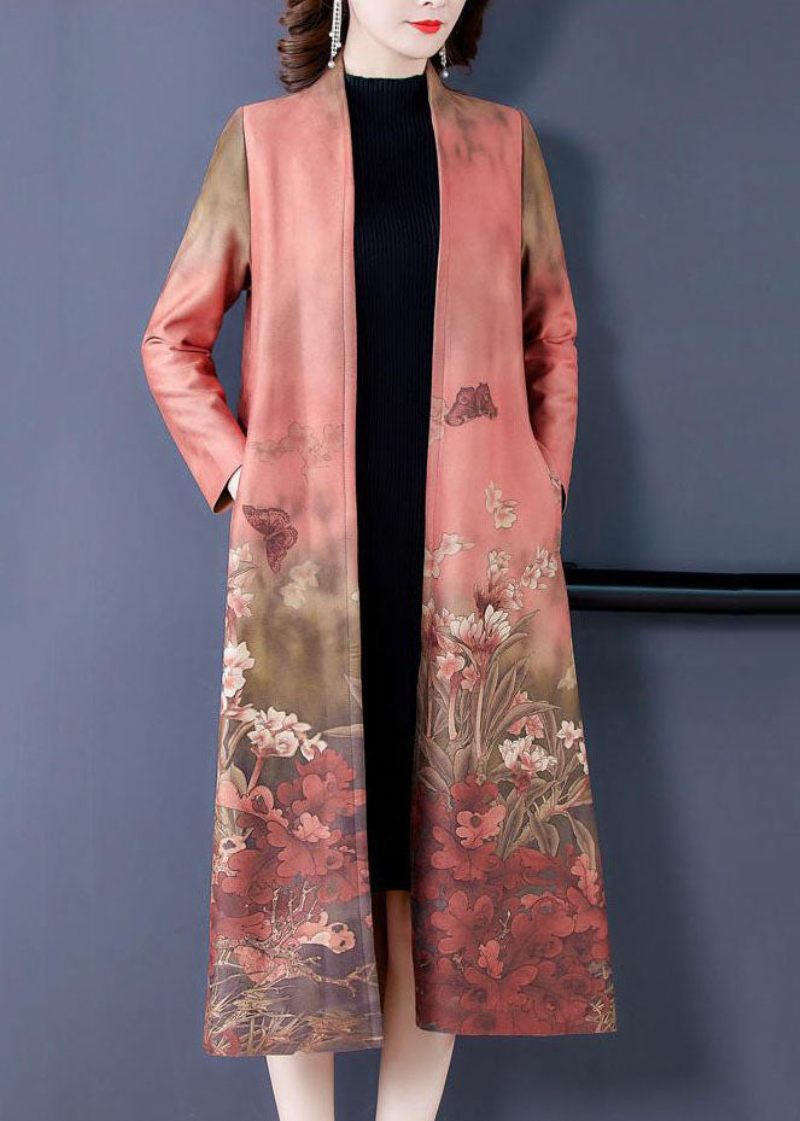 Pink Print Imiteret Ruskind Trenchcoats Oversized Langærmet - Pink