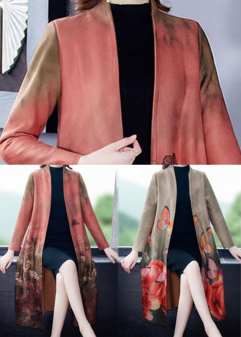 Pink Print Imiteret Ruskind Trenchcoats Oversized Langærmet - Pink