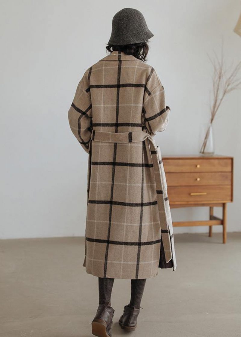 Plaid Uldfrakke Plus Size. Lange Uldne Yderbeklædning Med Hakkede Lommer - Dame trenchcoats