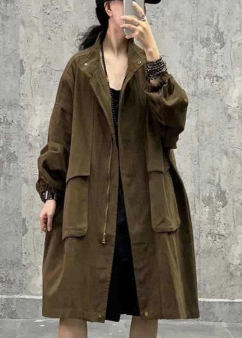 Plus Size Army Green Stand Krave Lynlås Lommer Fall Langærmet Trench Coat - Army Green