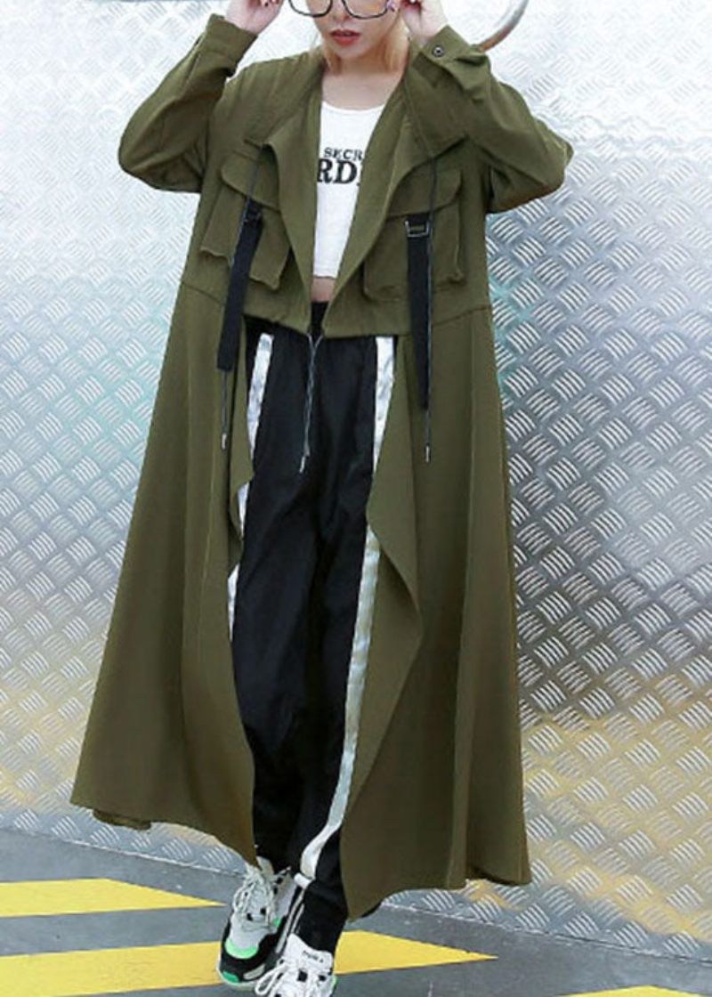 Plus Size Army Grønne Lommer Peter Pan Krave Asymmetrisk Trench Coat Spring - Dame trenchcoats