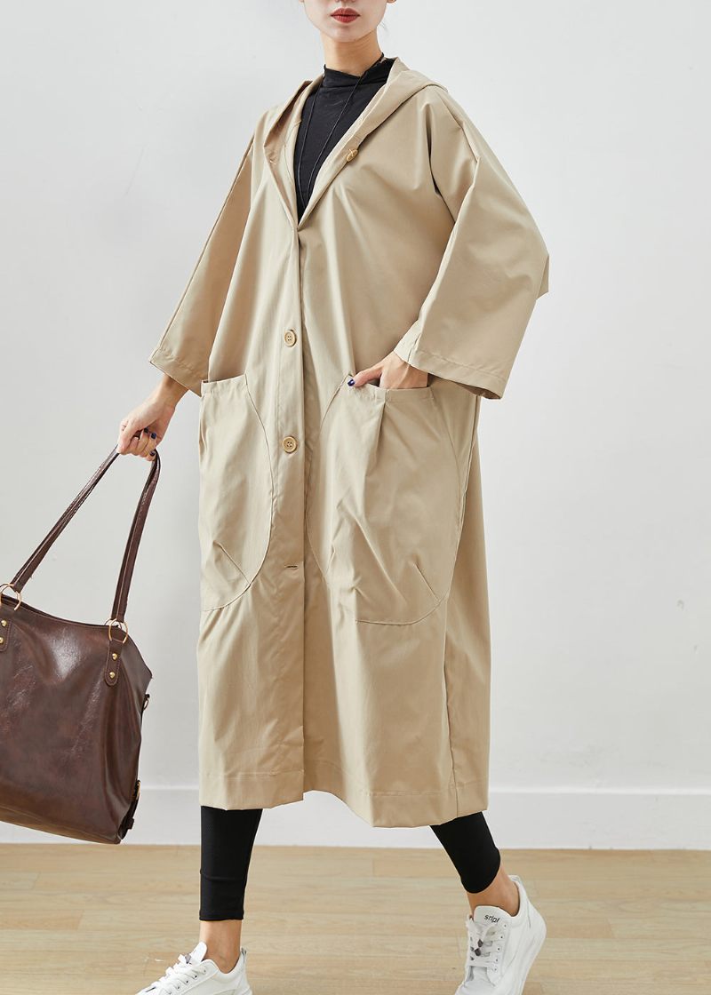 Plus Size Beige Hætte Oversized Bomuld Frakker Batwing Sleeve - Dame trenchcoats