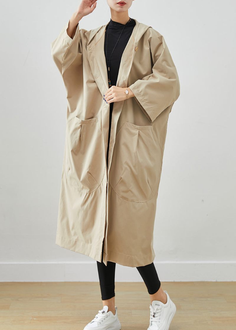 Plus Size Beige Hætte Oversized Bomuld Frakker Batwing Sleeve - Dame trenchcoats