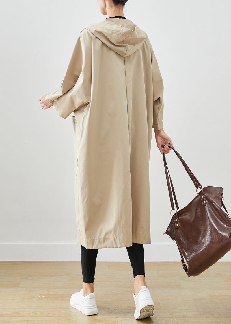 Plus Size Beige Hætte Oversized Bomuld Frakker Batwing Sleeve - Dame trenchcoats