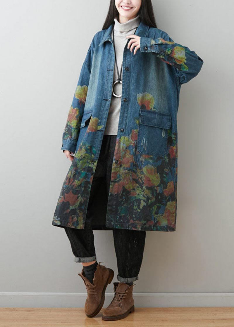 Plus Size Blå Peter Pan Krave Lommer Print Bomuld Denim Frakker Spring - Dame trenchcoats