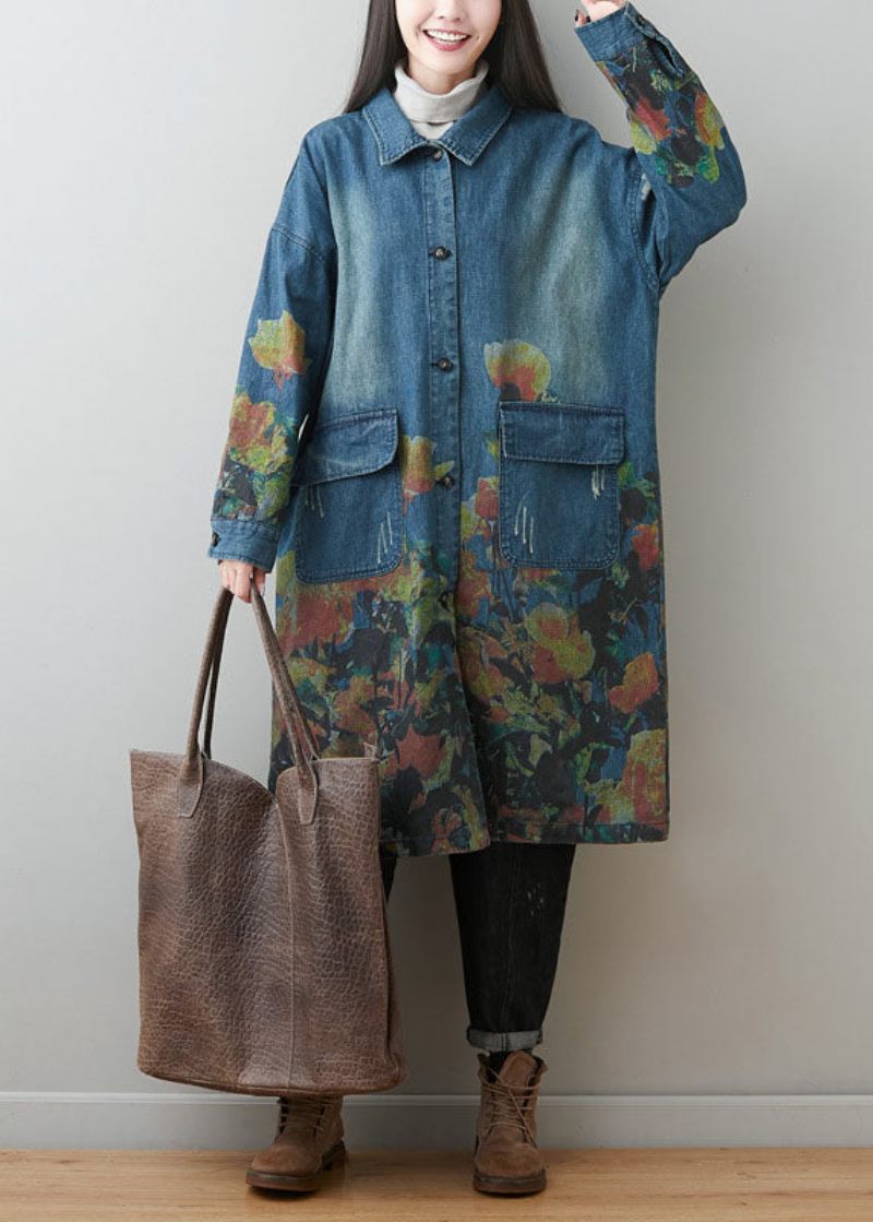 Plus Size Blå Peter Pan Krave Lommer Print Bomuld Denim Frakker Spring - Dame trenchcoats