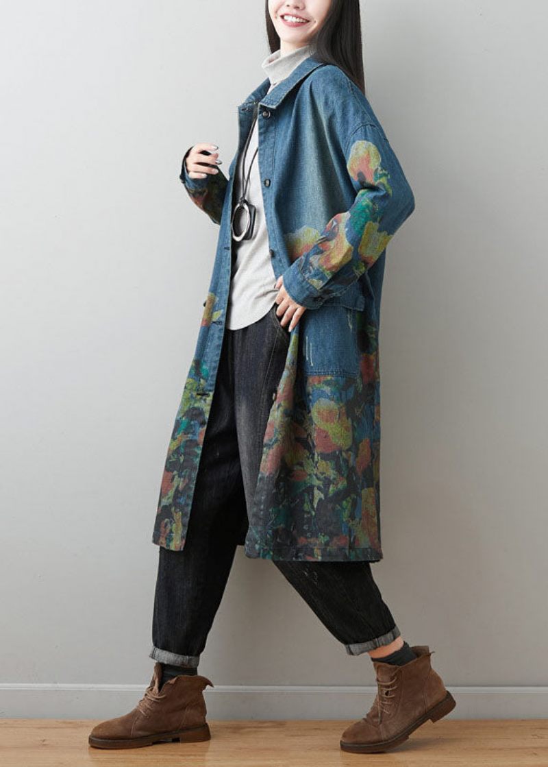 Plus Size Blå Peter Pan Krave Lommer Print Bomuld Denim Frakker Spring - Dame trenchcoats