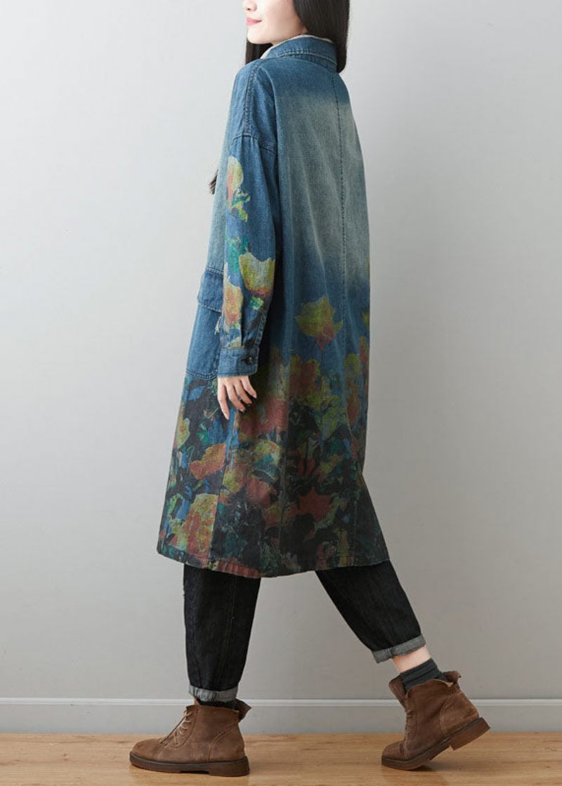 Plus Size Blå Peter Pan Krave Lommer Print Bomuld Denim Frakker Spring - Dame trenchcoats