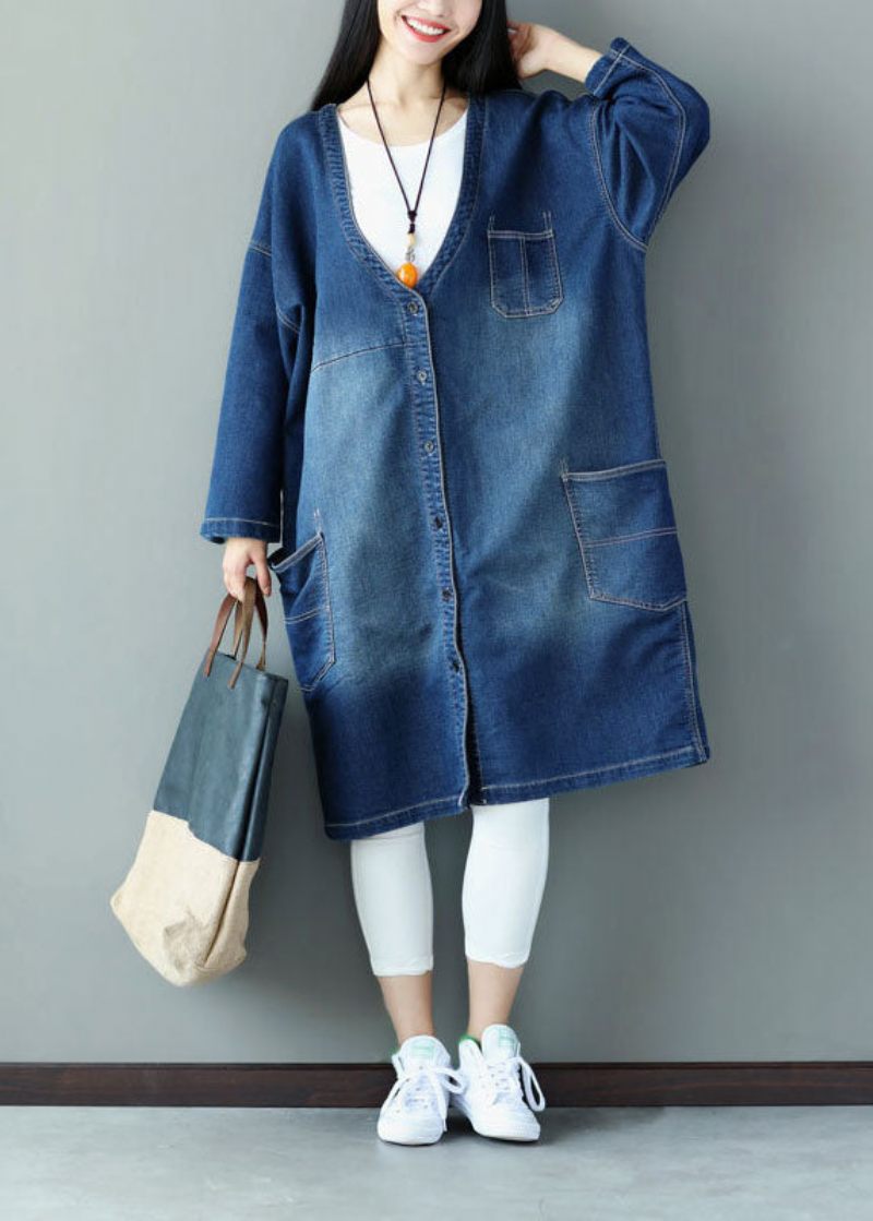 Plus Size Blå V-halslommer Applikation Bomuld Denim Frakker Spring - Dame trenchcoats