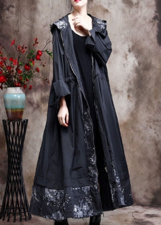 Plus Size Black Hooded Patchwork Trenchcoats Forår