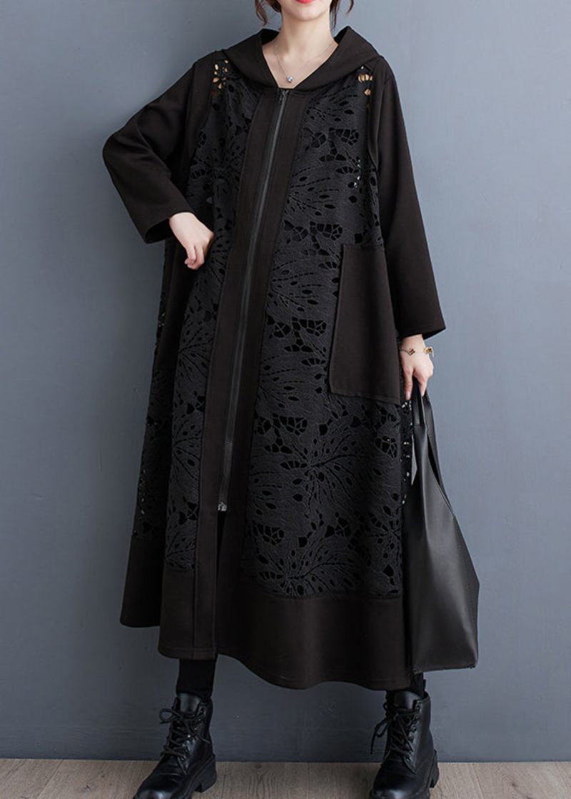 Plus Size Black Oversized Patchwork Hollow Out Coat Spring - Dame trenchcoats