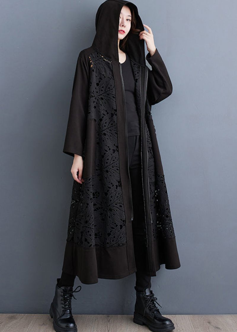 Plus Size Black Oversized Patchwork Hollow Out Coat Spring - Dame trenchcoats