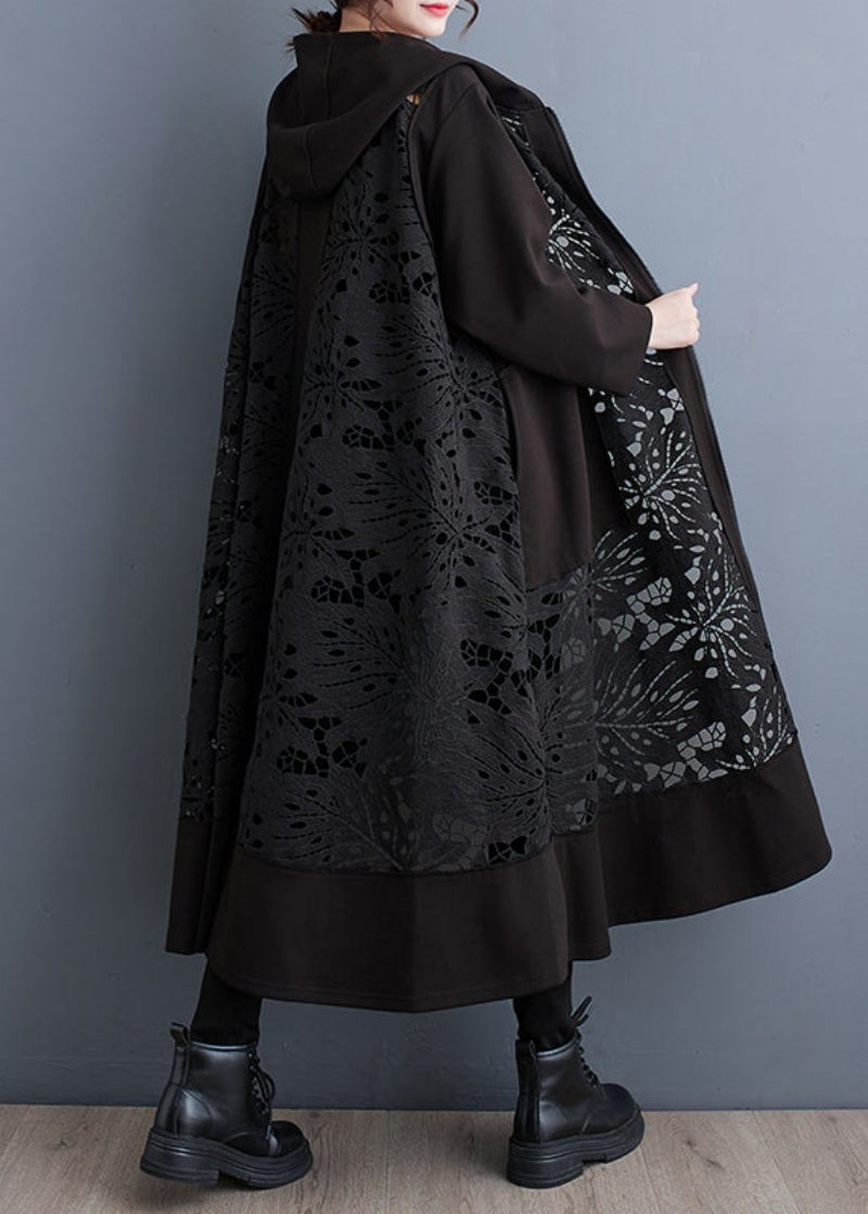 Plus Size Black Oversized Patchwork Hollow Out Coat Spring - Dame trenchcoats