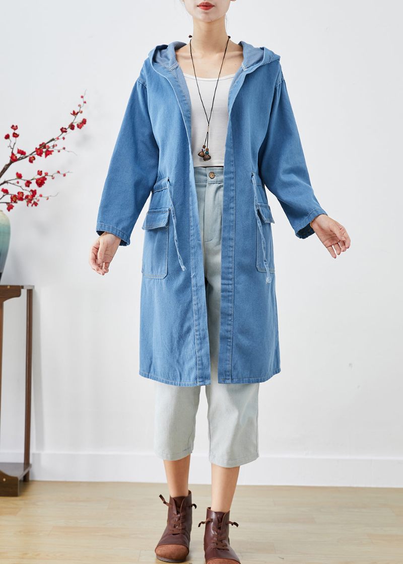 Plus Size Blue Cinched Hooded Denim Trench Fall - Dame trenchcoats