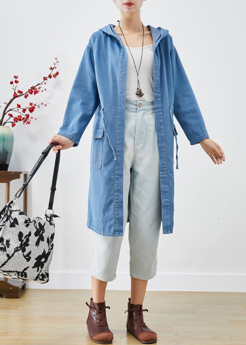 Plus Size Blue Cinched Hooded Denim Trench Fall - Dame trenchcoats