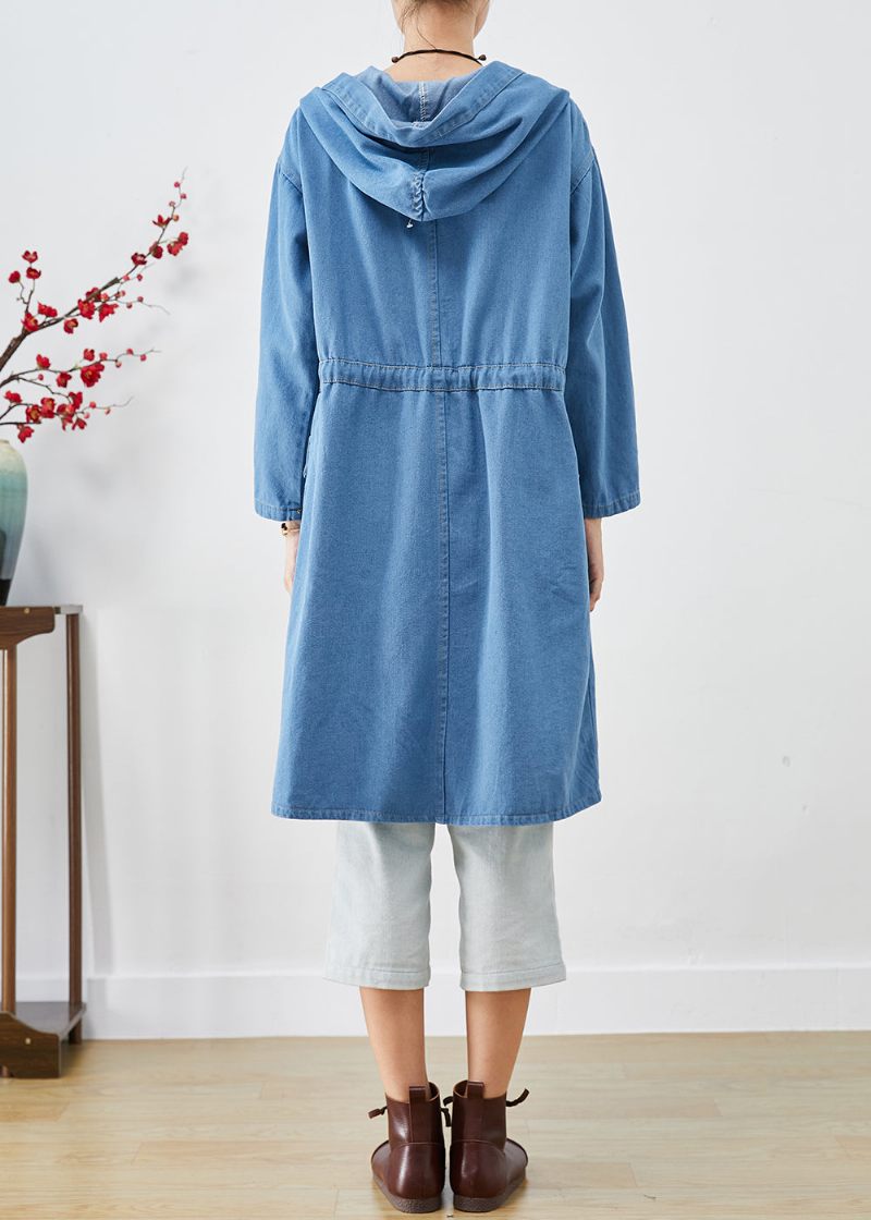 Plus Size Blue Cinched Hooded Denim Trench Fall - Dame trenchcoats