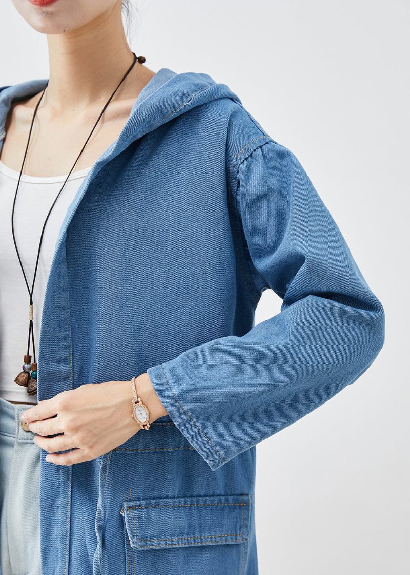 Plus Size Blue Cinched Hooded Denim Trench Fall - Dame trenchcoats