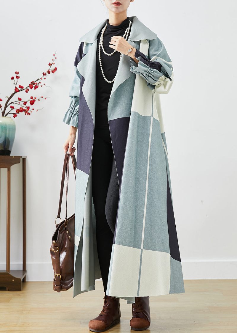 Plus Size Blue Oversized Patchwork Cotton Trench Fall - Dame trenchcoats