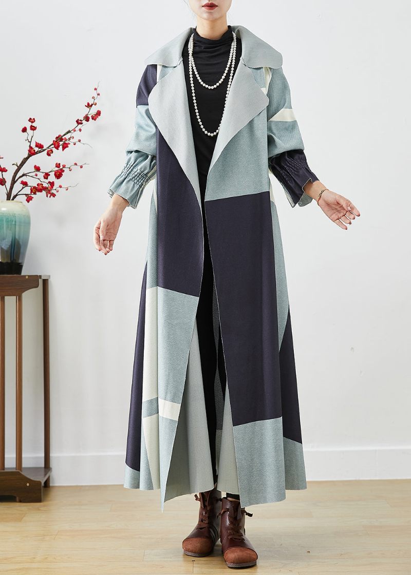 Plus Size Blue Oversized Patchwork Cotton Trench Fall - Dame trenchcoats