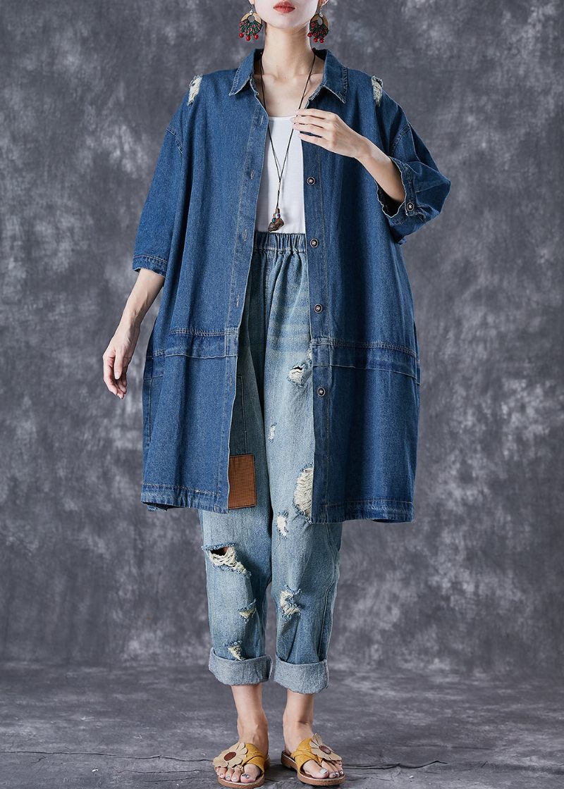 Plus Size Blue Oversized Patchwork Denim Ripped Trench Coats Fall - Dame trenchcoats