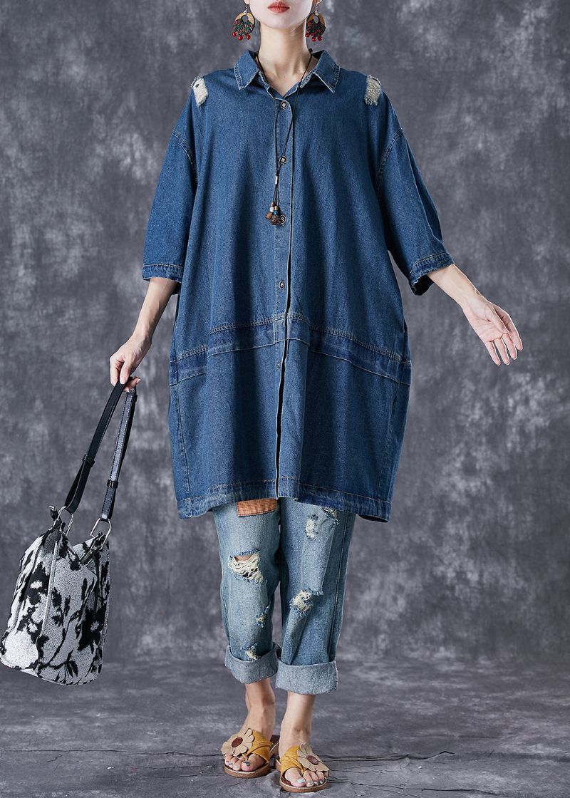 Plus Size Blue Oversized Patchwork Denim Ripped Trench Coats Fall - Dame trenchcoats