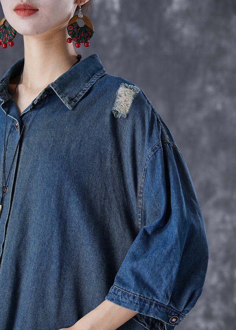 Plus Size Blue Oversized Patchwork Denim Ripped Trench Coats Fall - Dame trenchcoats