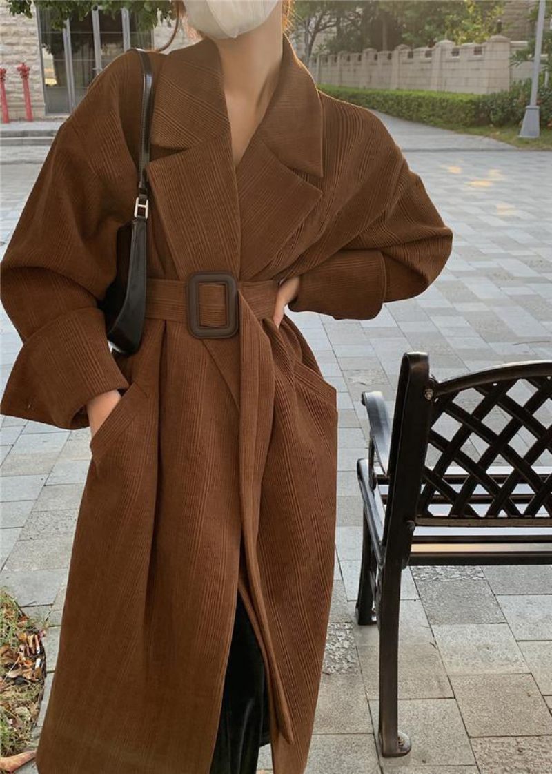 Plus Size Brune Hakkede Lommer Sashes Trench Coat Spring - Dame trenchcoats