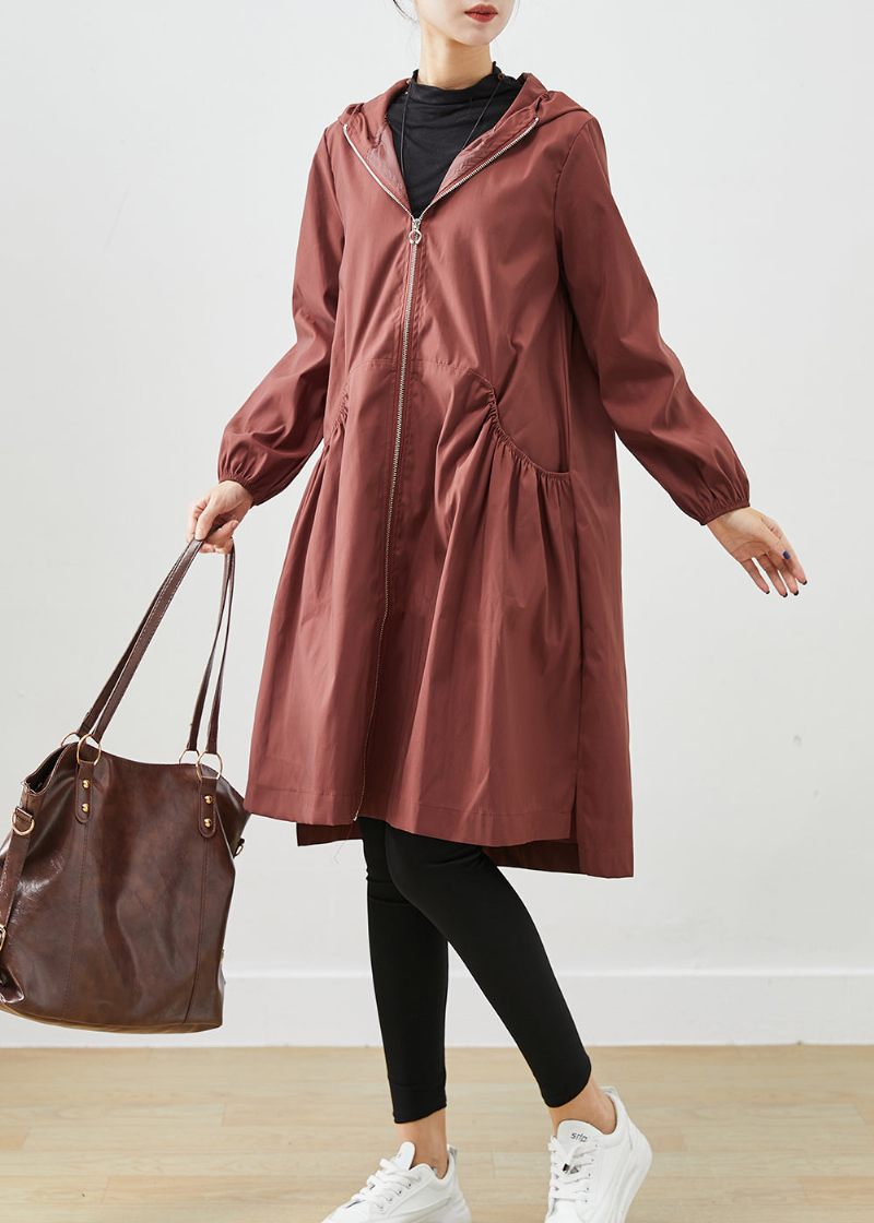 Plus Size Chokolade Hættelommer Bomuld Frakker Fall - Dame trenchcoats