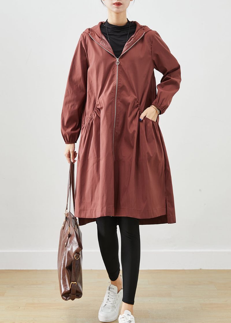 Plus Size Chokolade Hættelommer Bomuld Frakker Fall - Dame trenchcoats