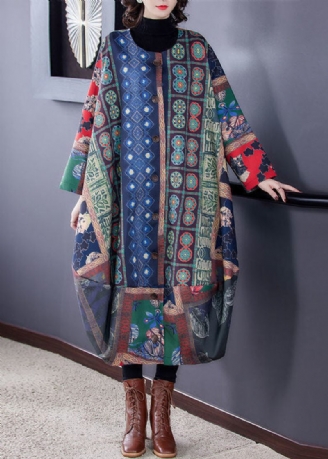 Plus Size Colorblock O-hals Asymmetrisk Print Bomuld Trench Coats Fall