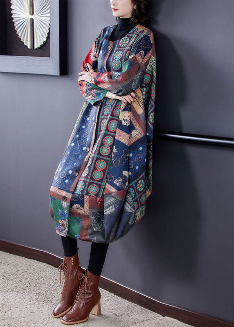 Plus Size Colorblock O-hals Asymmetrisk Print Bomuld Trench Coats Fall - Dame trenchcoats