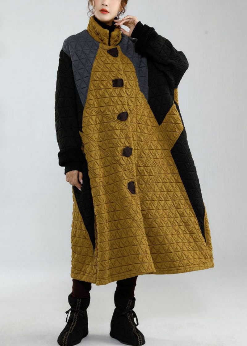 Plus Size Colorblock Stand Krave Oversized Patchwork Fine Bomuldsfyldte Jakker Vinter - Dame trenchcoats