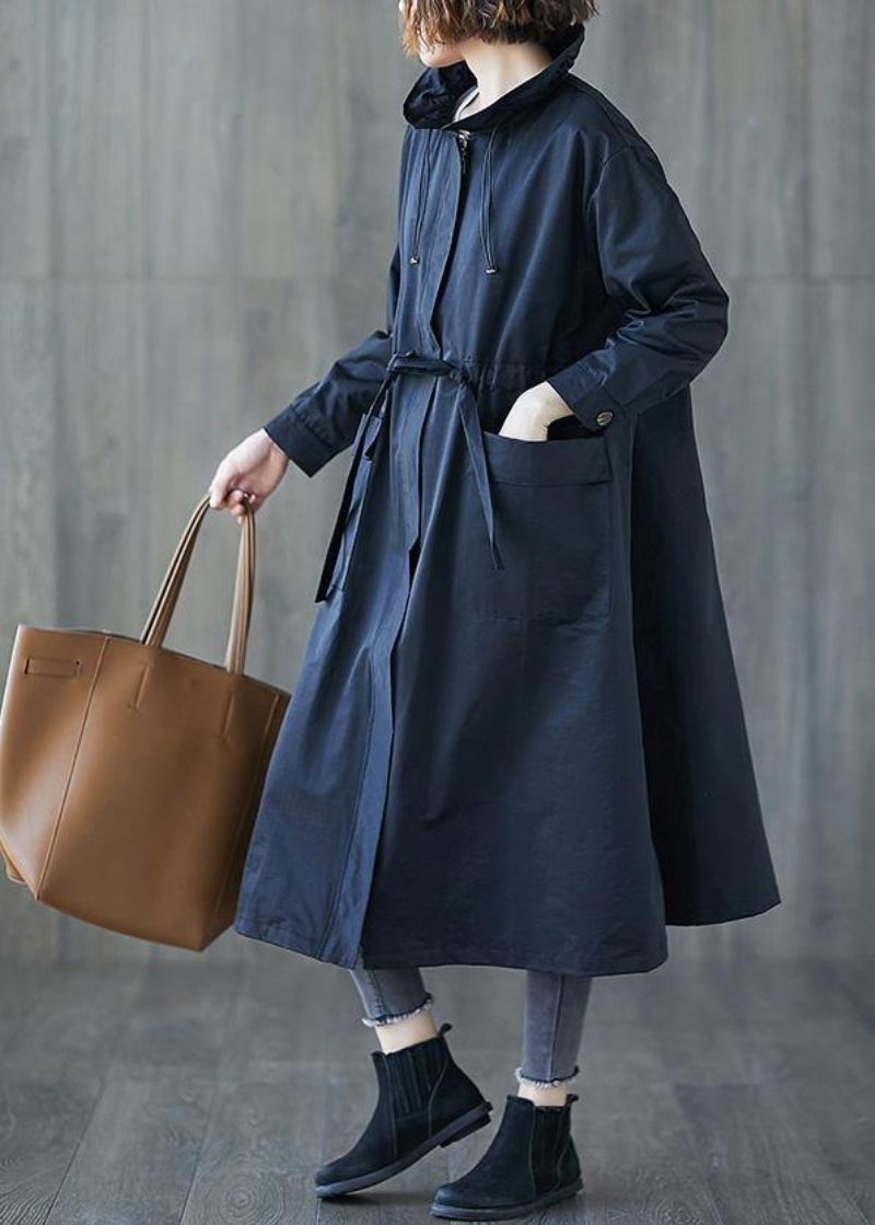 Plus Size Fall Black Flæsede Frakker Med Lynlås - Dame trenchcoats