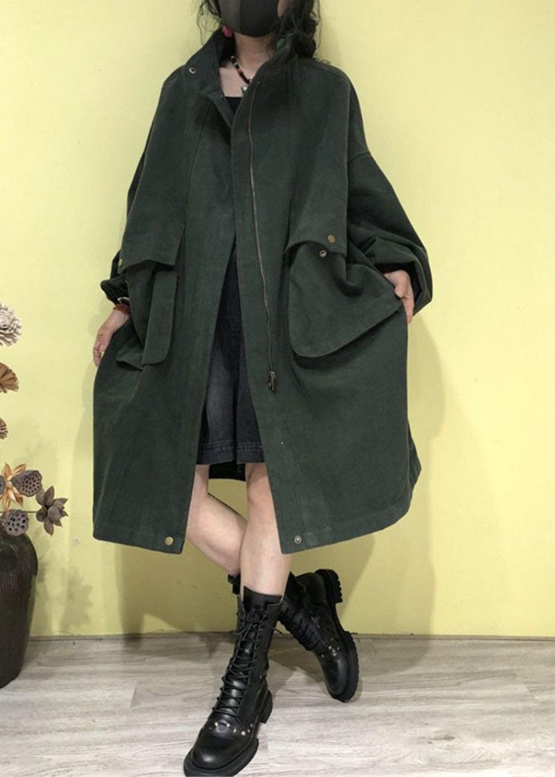 Plus Size Grøn Stand Krave Lynlås Lommer Trench Coats Efterår