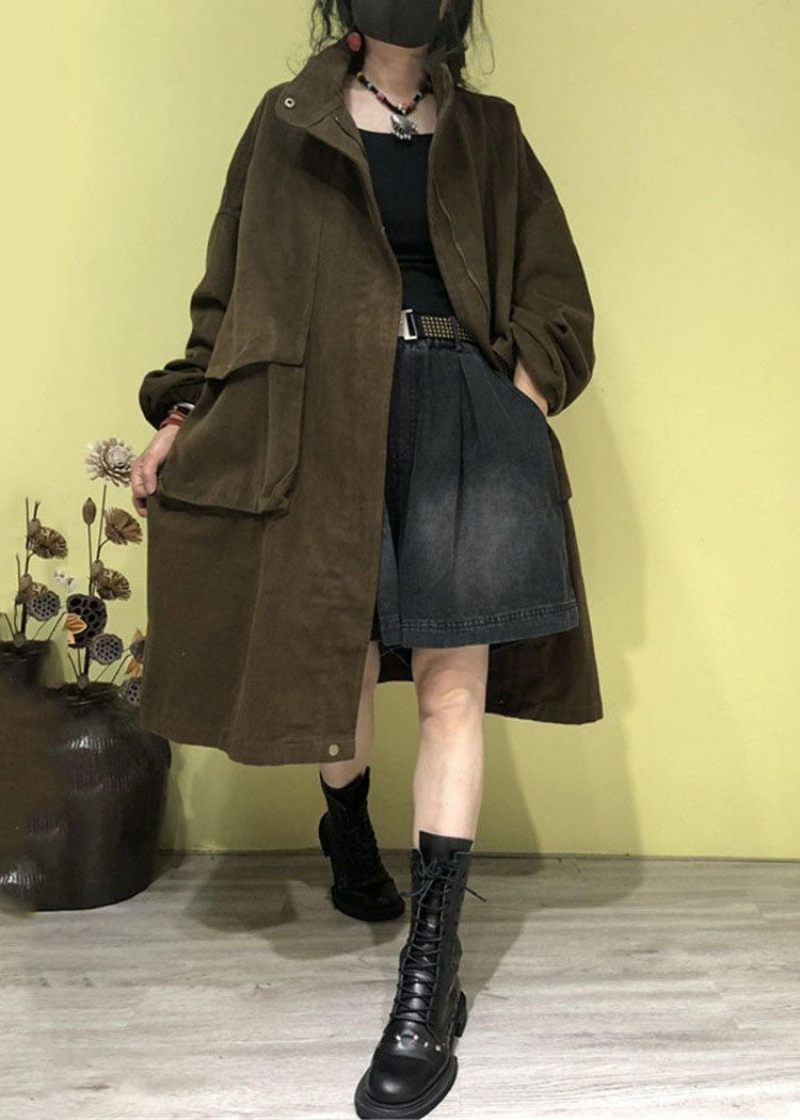 Plus Size Grøn Stand Krave Lynlås Lommer Trench Coats Efterår - Grøn