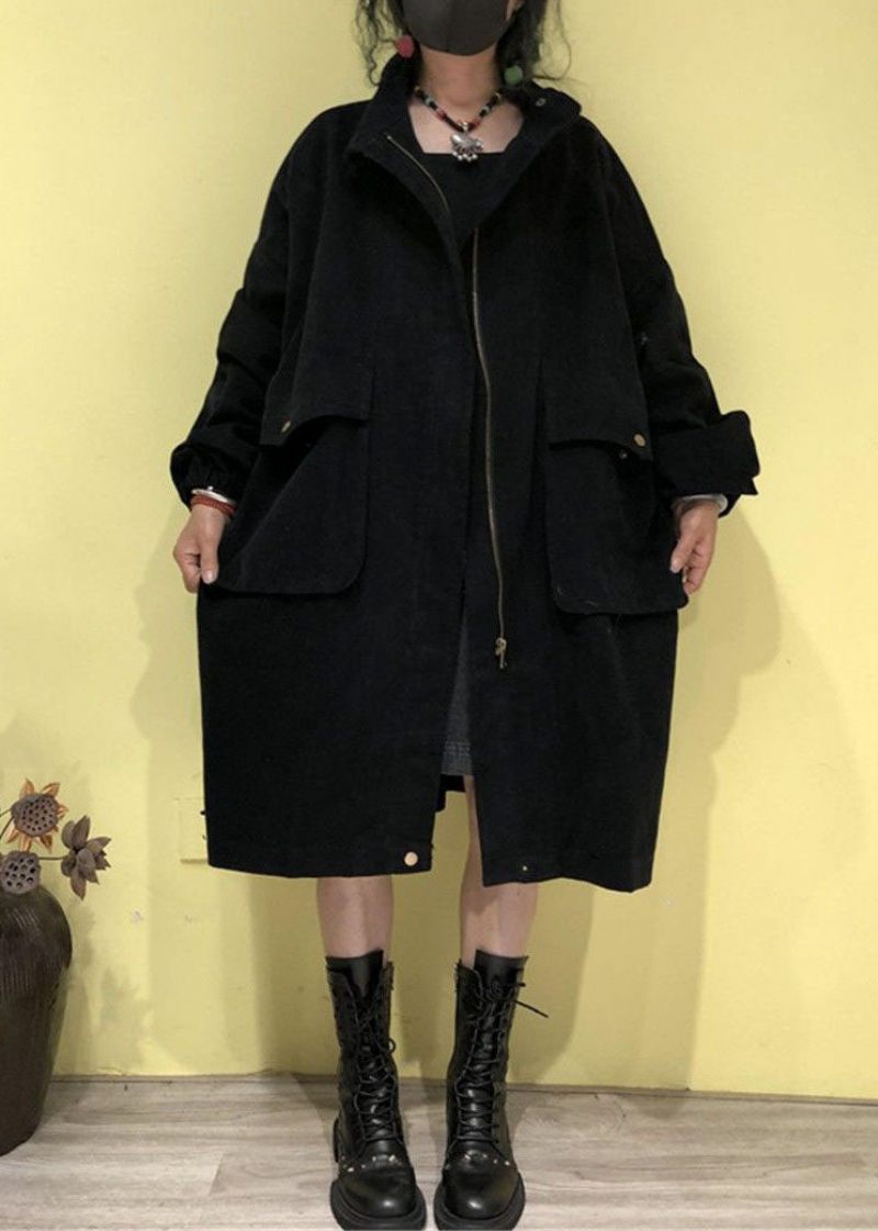 Plus Size Grøn Stand Krave Lynlås Lommer Trench Coats Efterår - Grøn