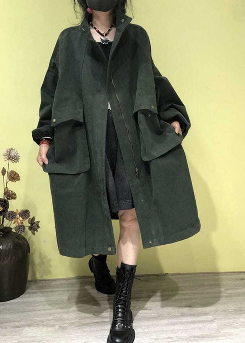 Plus Size Grøn Stand Krave Lynlås Lommer Trench Coats Efterår - Grøn